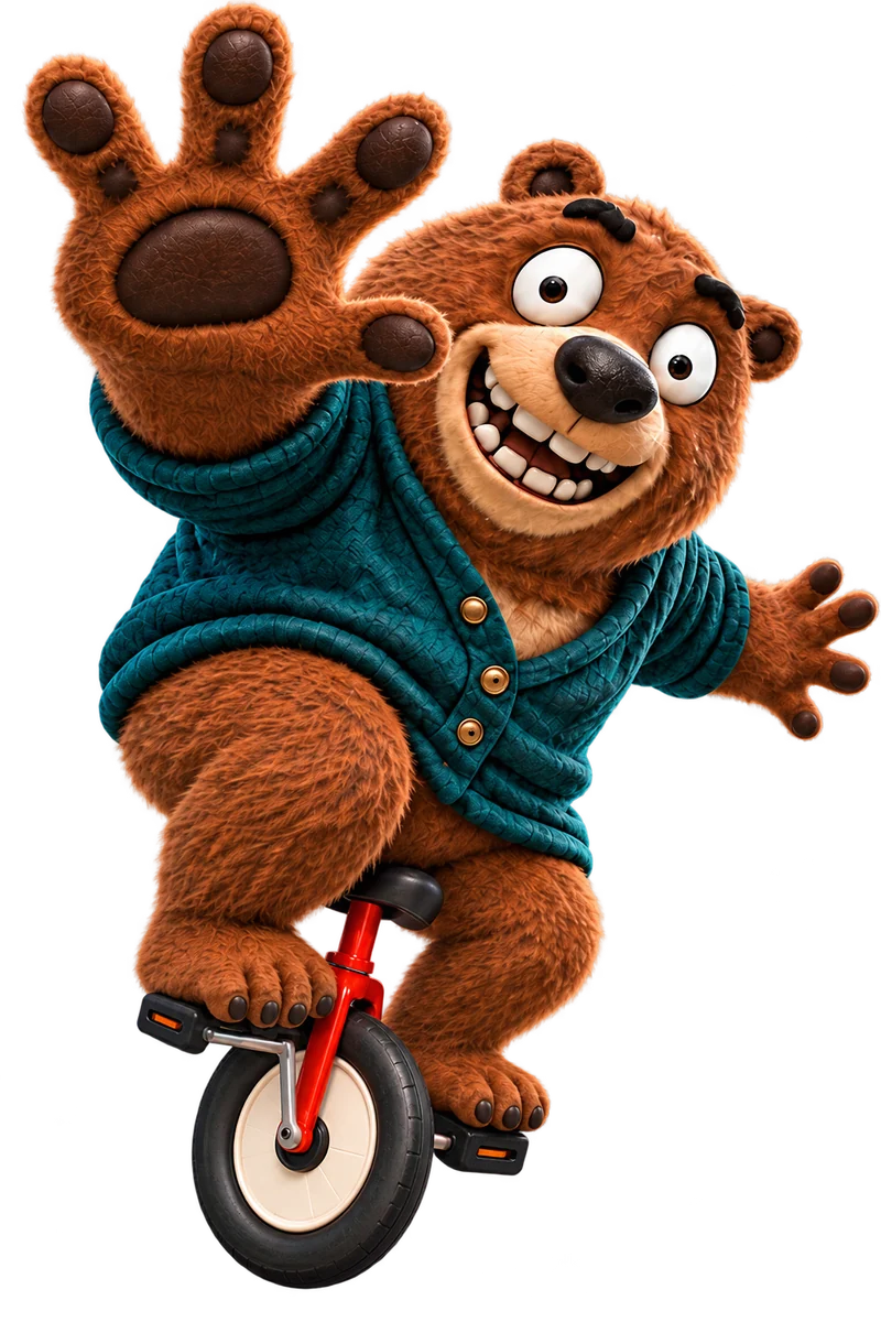 A grinning bear on a tiny unicycle reaches out for a high five.